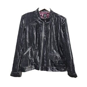 23rd St. Crushed Velvet Bomber Jacket Gray Full Zip Floral Lining Womens XL